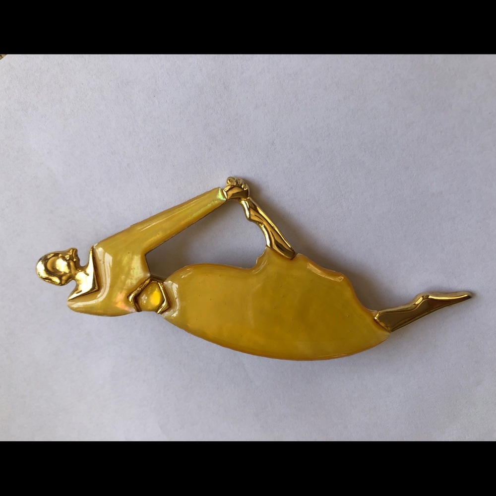 Park Lane Brooch Lady Stretching   Yellow enamel Dress over goldtone body 3 3/8”
